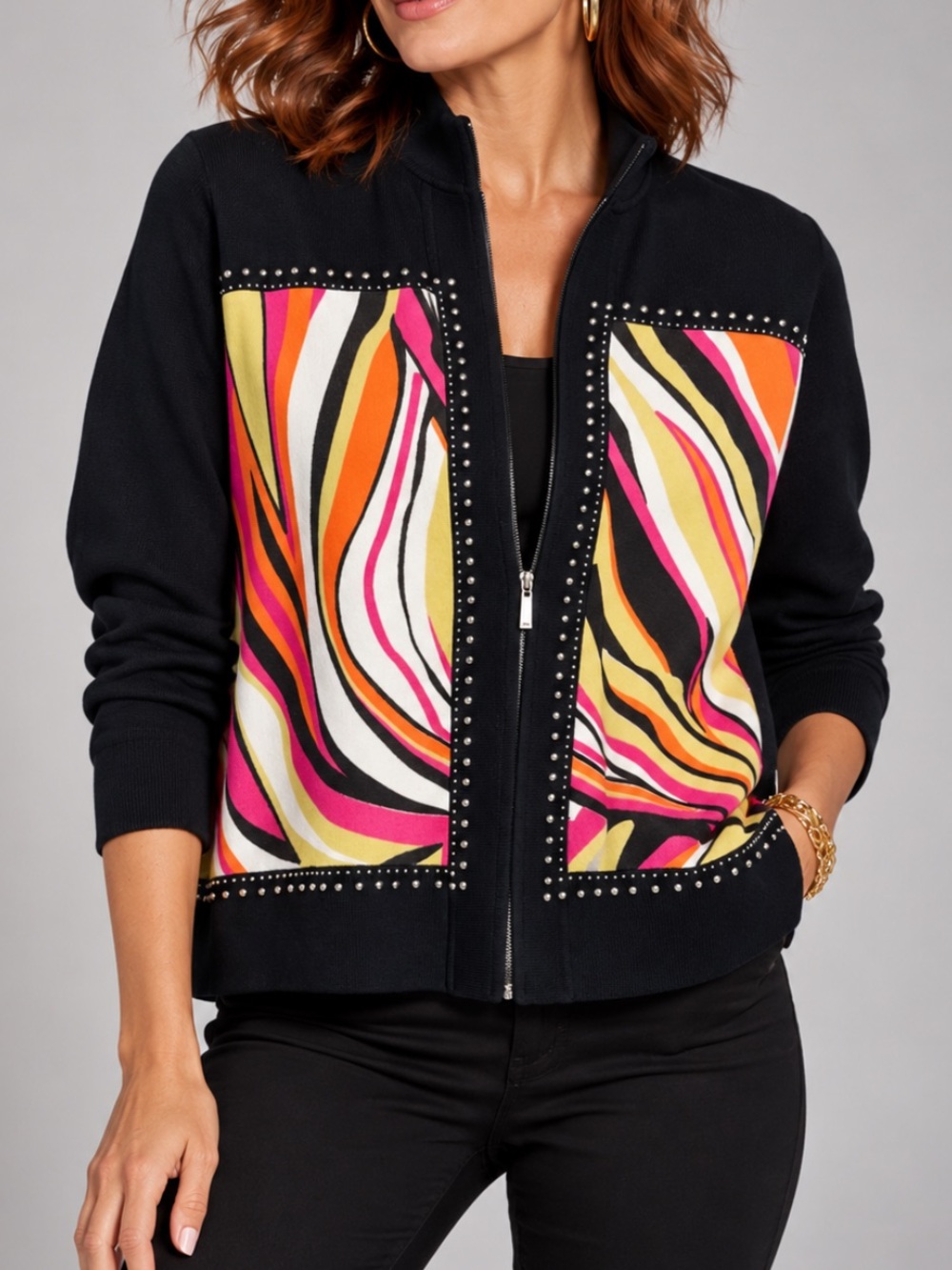 Ming Wang Abstract Print Studded Zip Front Jacket Size M